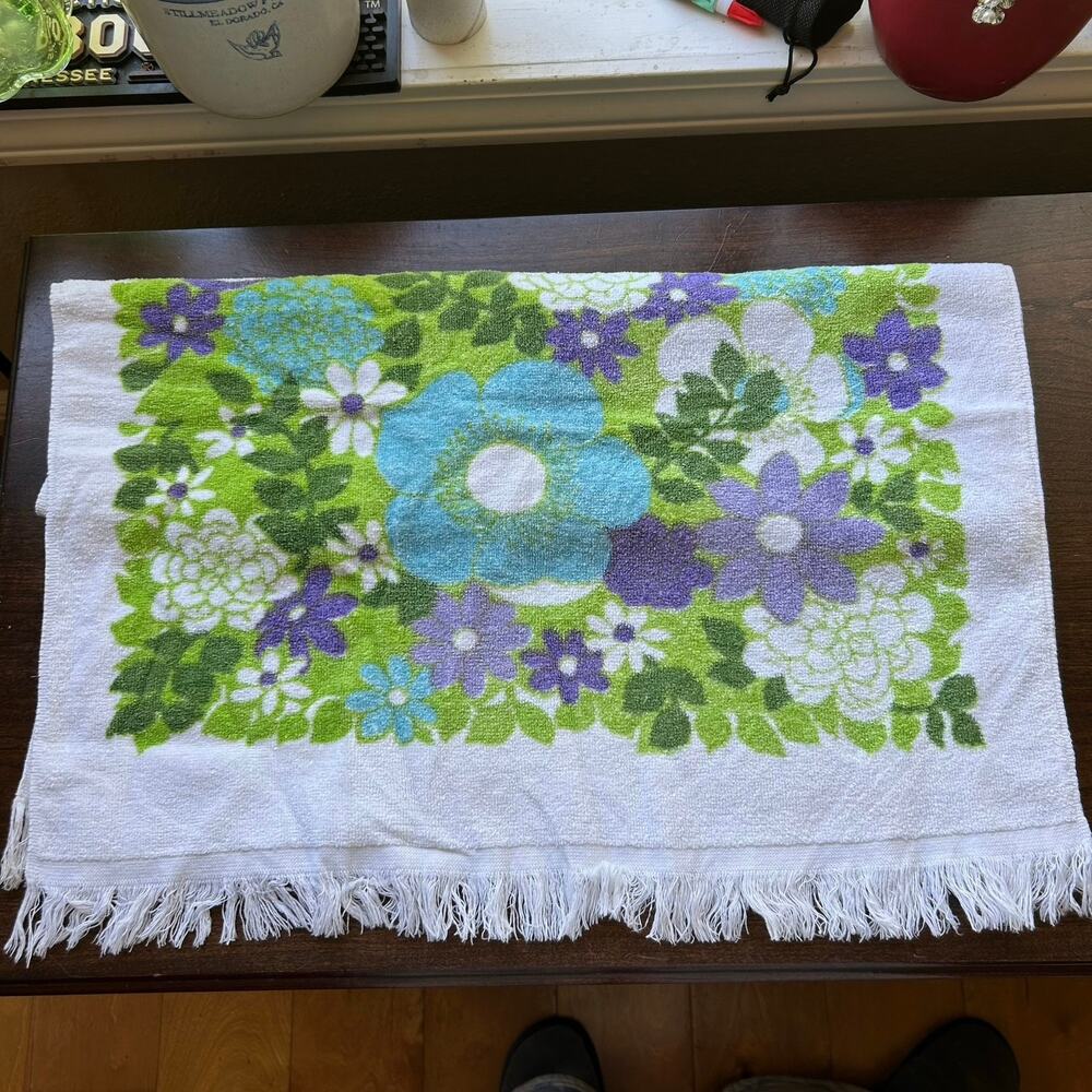 Vintage Royal Terry Hippie Chic Floral Bath Towel 1970s fringe